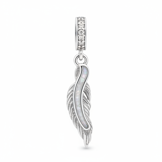 925 Silver CZ Feather Dangle Memorial Charm – white mica pearl inclusion