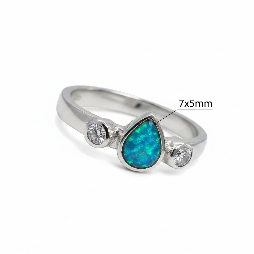 Mini pear double gem 925 silver ring dimensions guide showing 7x5mm pear resin setting on white background