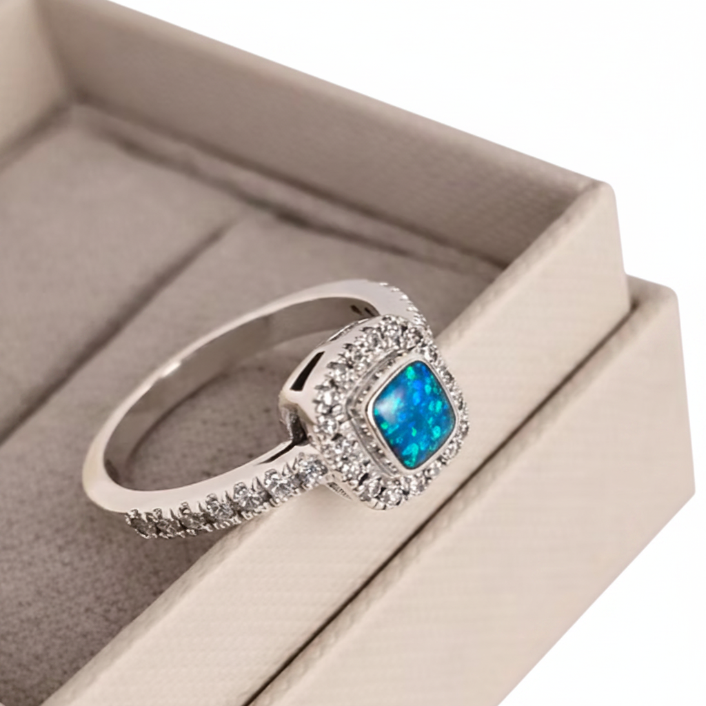 Silver 925 CZ square cushion ring with blue teal opal resin in jewellery box white background