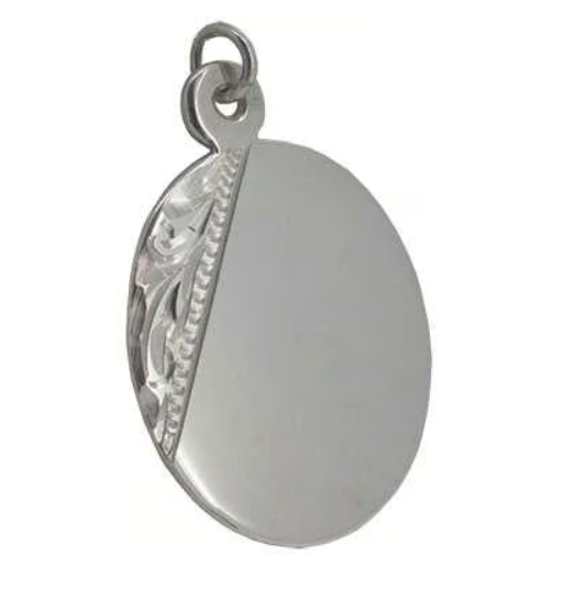 Unengraved decorative oval 925 Sterling Silver pendant with patterned panel along one side