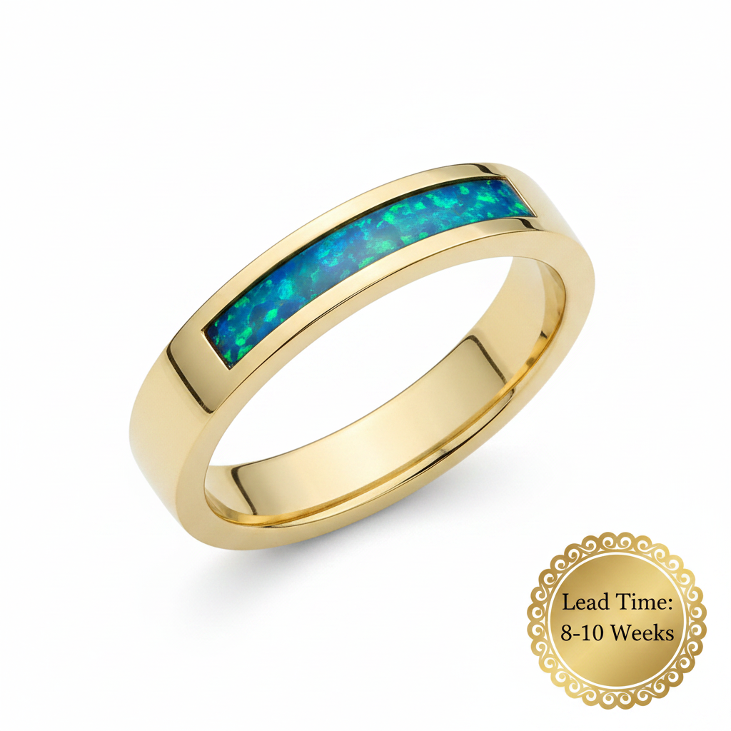 9ct gold 4mm square front face channel band ring with blue teal opal resin, white background, lead time 8-10 weeks