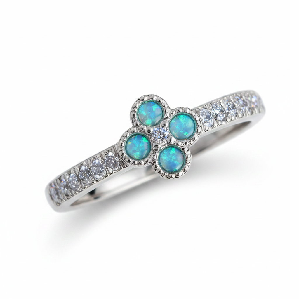 Petite clover 925 silver CZ ring with blue teal opal resin 3/4 angle view white background