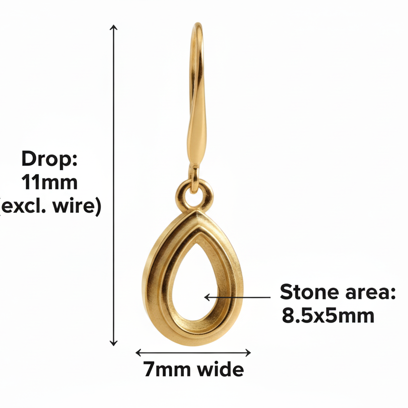 9ct gold pear drop earrings size guide – 11x7mm overall drop excl. wire, 8.5x5mm stone area