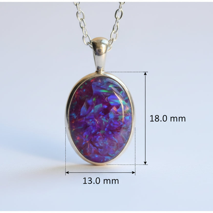 Close-up of Memorial Opal Flake Oval Pendant with Sterling Silver Chain – A detailed view of the opal flake oval pendant on a sterling silver chain, custom-made as a memorial keepsake.