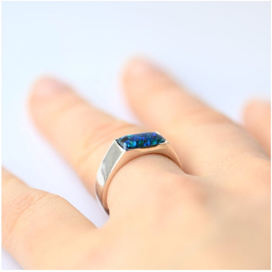 Close-up of Sterling Silver Signet Ring with Ashes & Opal Flakes – A handcrafted unisex memorial ring featuring a personalised design with cremation ashes and shimmering opal flakes.