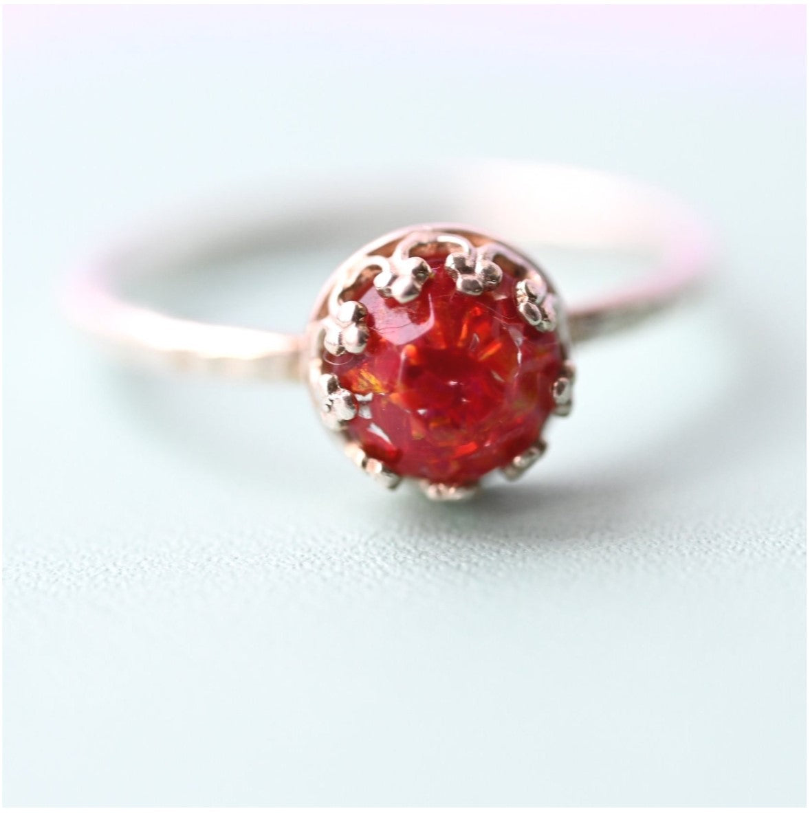 Close-up of Sterling Silver 6mm Memorial Stacking Ring with Ashes – A delicate silver stacking ring featuring a 6mm stone infused with cremation ashes for a personalised keepsake.