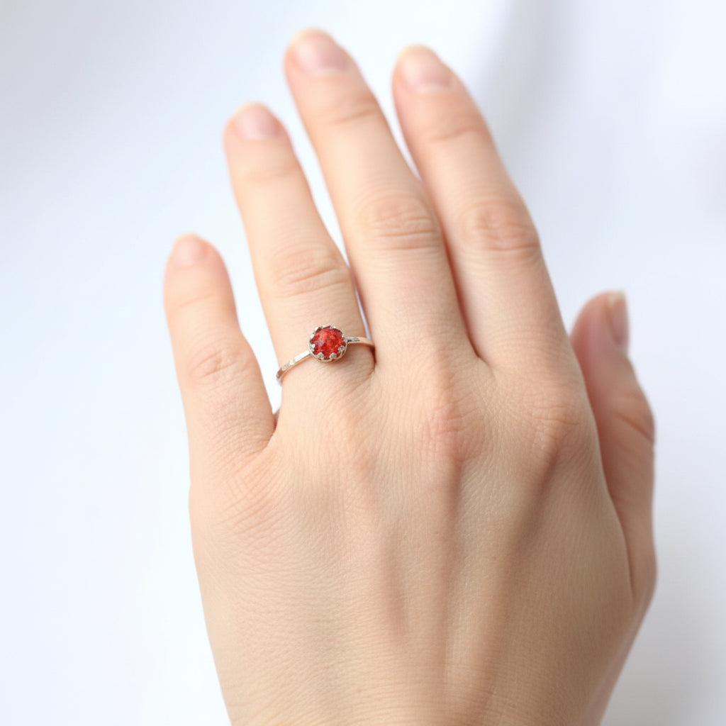 Handmade 6mm Ashes Stacking Ring in Sterling Silver – A close-up of the sterling silver ring with a 6mm ashes stone, showing its handmade details.