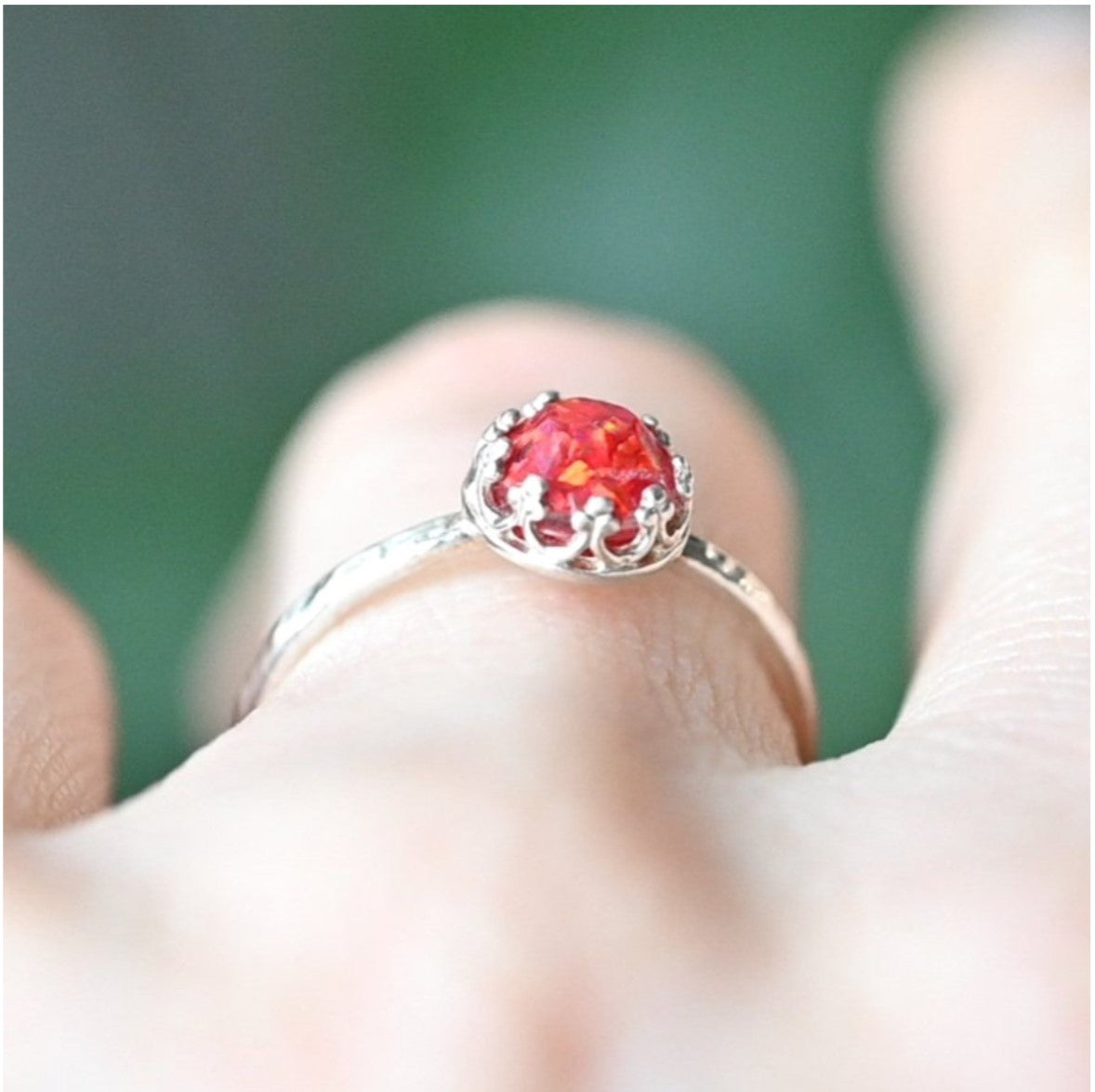 Sterling Silver 6mm Ashes Ring on Hand – A handcrafted memorial stacking ring with a 6mm ashes stone, shown on a hand for scale.