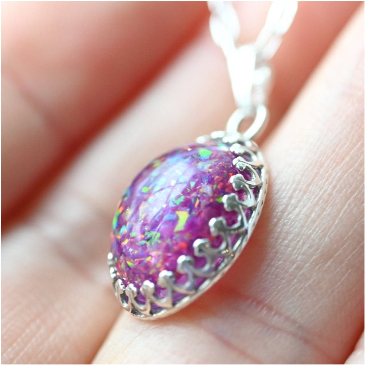 Sterling Silver Memorial Necklace with 10x14mm Ashes Stone – A delicate silver necklace with a custom 10x14mm stone, preserving ashes or shimmering opal flakes.