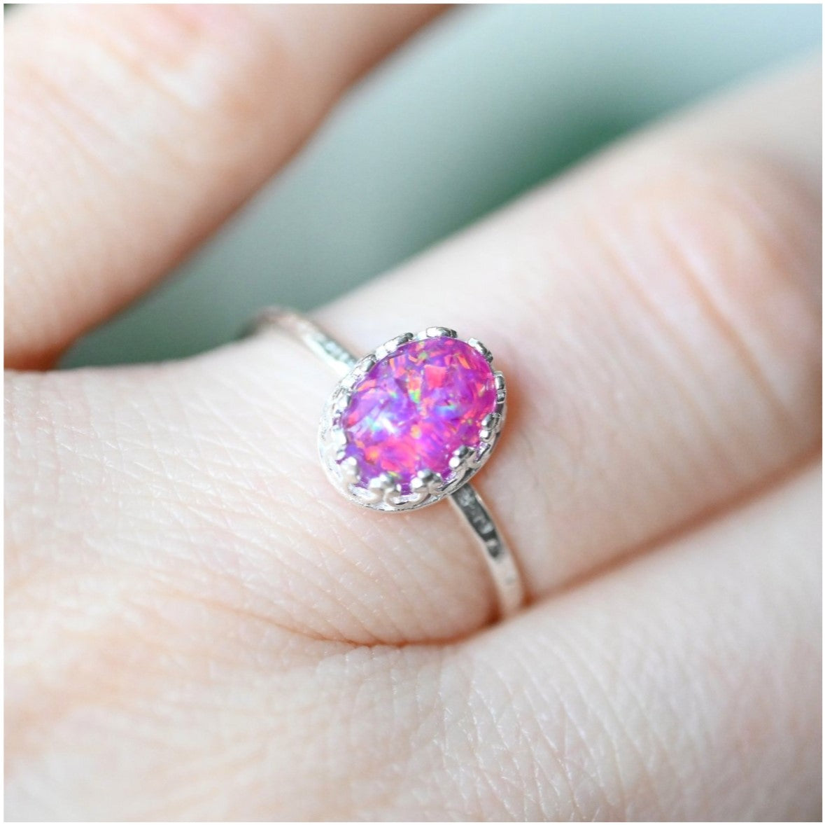 Hand Wearing Sterling Silver Memorial Stacking Ring with 6x8mm Stone – A model's hand showcasing the elegant 6x8mm memorial stone stacking ring in sterling silver, designed for daily wear and remembrance.