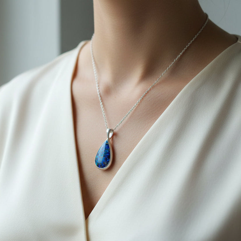 Memorial Ashes Necklace with Sterling Silver Chain – A sterling silver teardrop pendant with preserved ashes and opal flakes, displayed on a delicate silver chain.