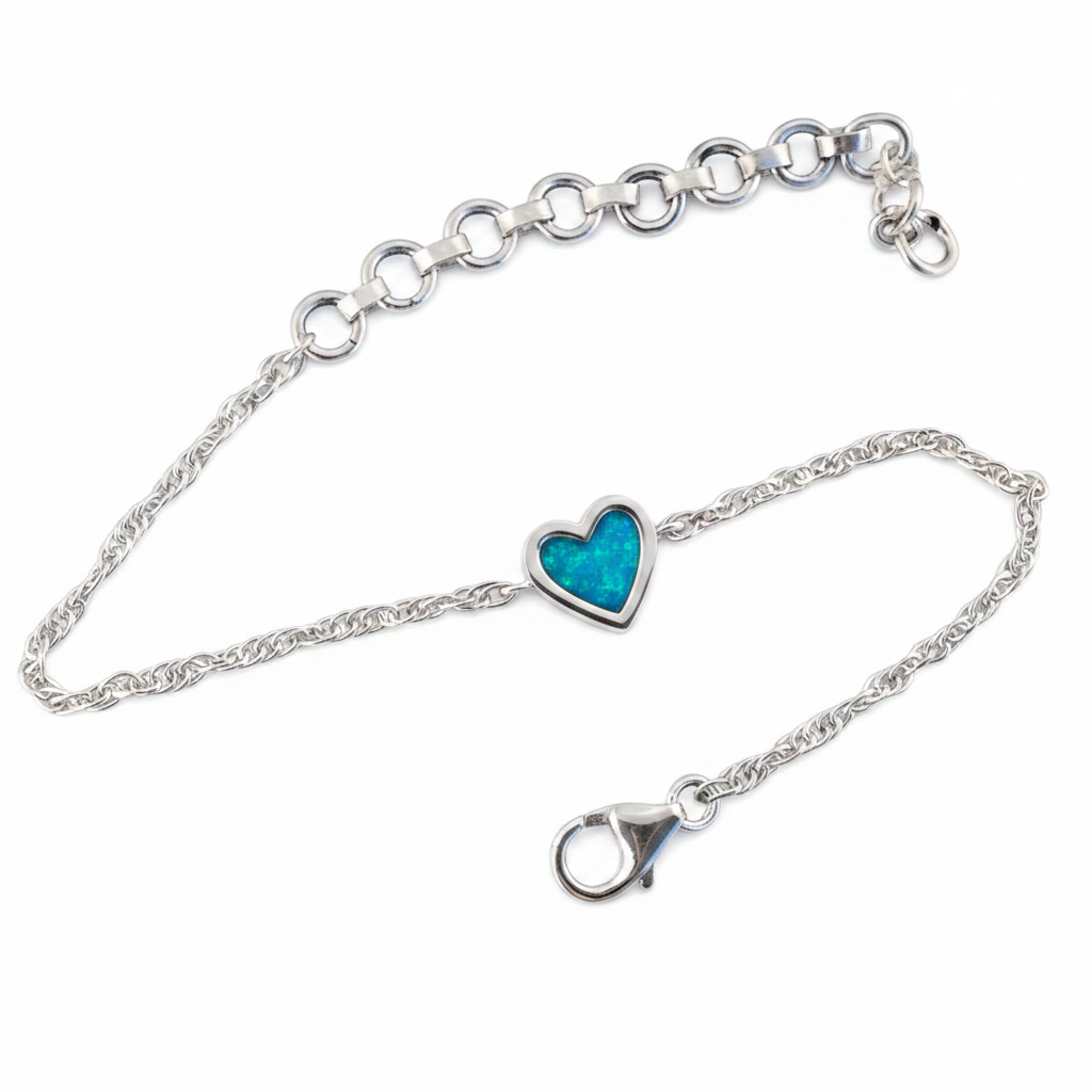 Flat lay — blue teal opal, white bg