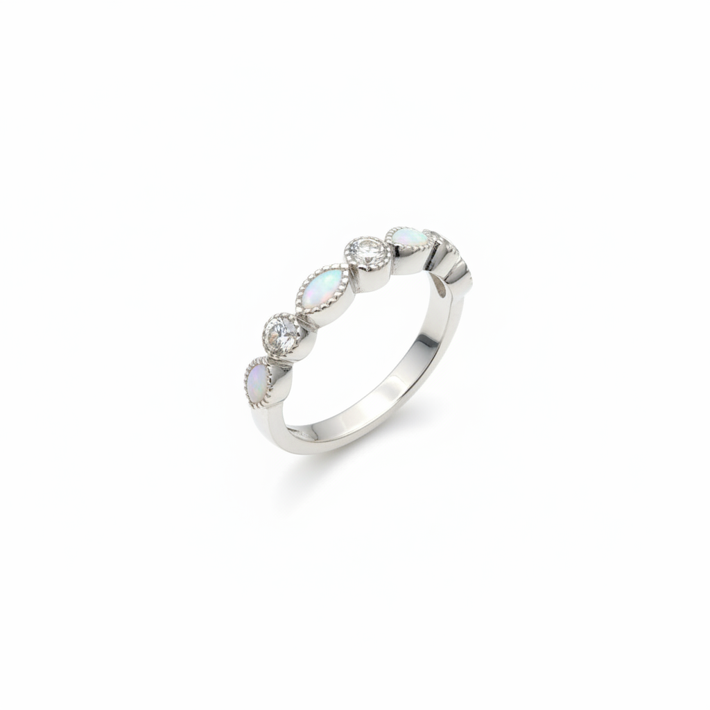 925 sterling silver CZ marquise half band memorial ring with white pearl opal shimmer resin in marquise bezels on white background