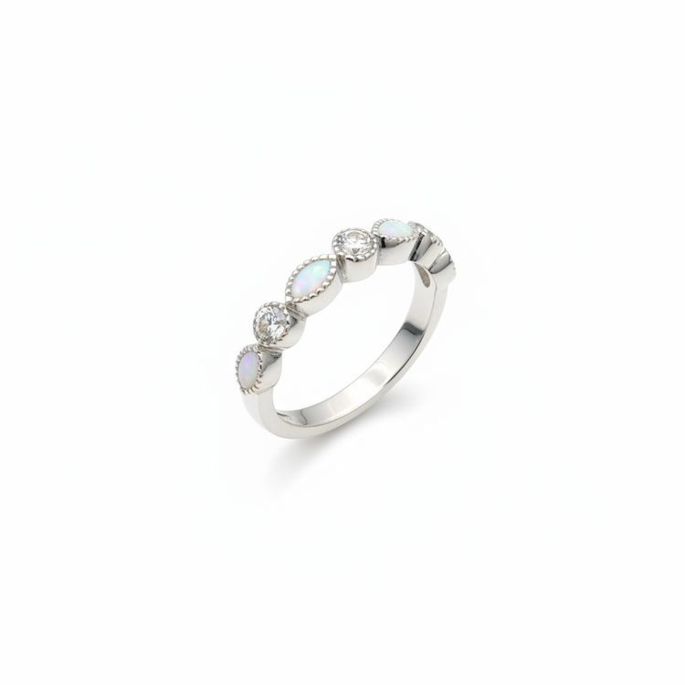 925 sterling silver CZ marquise half band memorial ring with white pearl opal shimmer resin in marquise bezels on white background