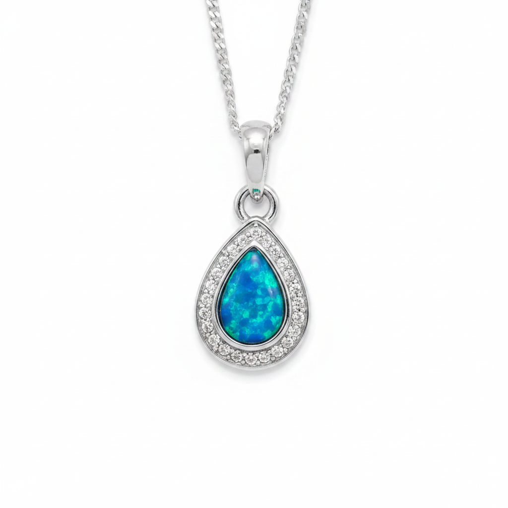 Pear CZ 925 Silver Memorial Pendant with blue teal opal resin inclusion — white background