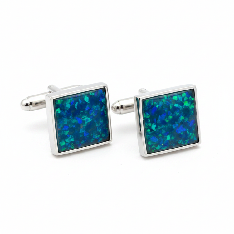 Silver 925 square cufflinks with blue teal opal resin in 14.5mm setting on white background