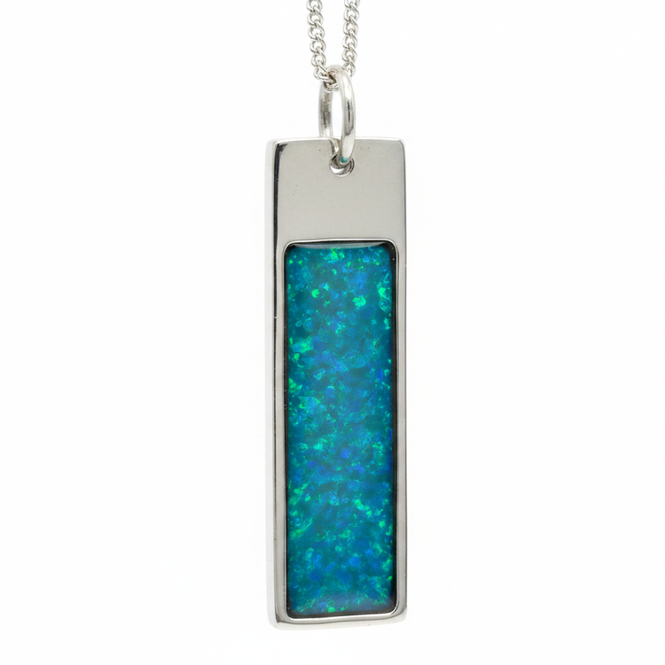 Gents Oblong Dog Tag Bar 925 Silver Memorial Pendant with blue teal opal resin — white background