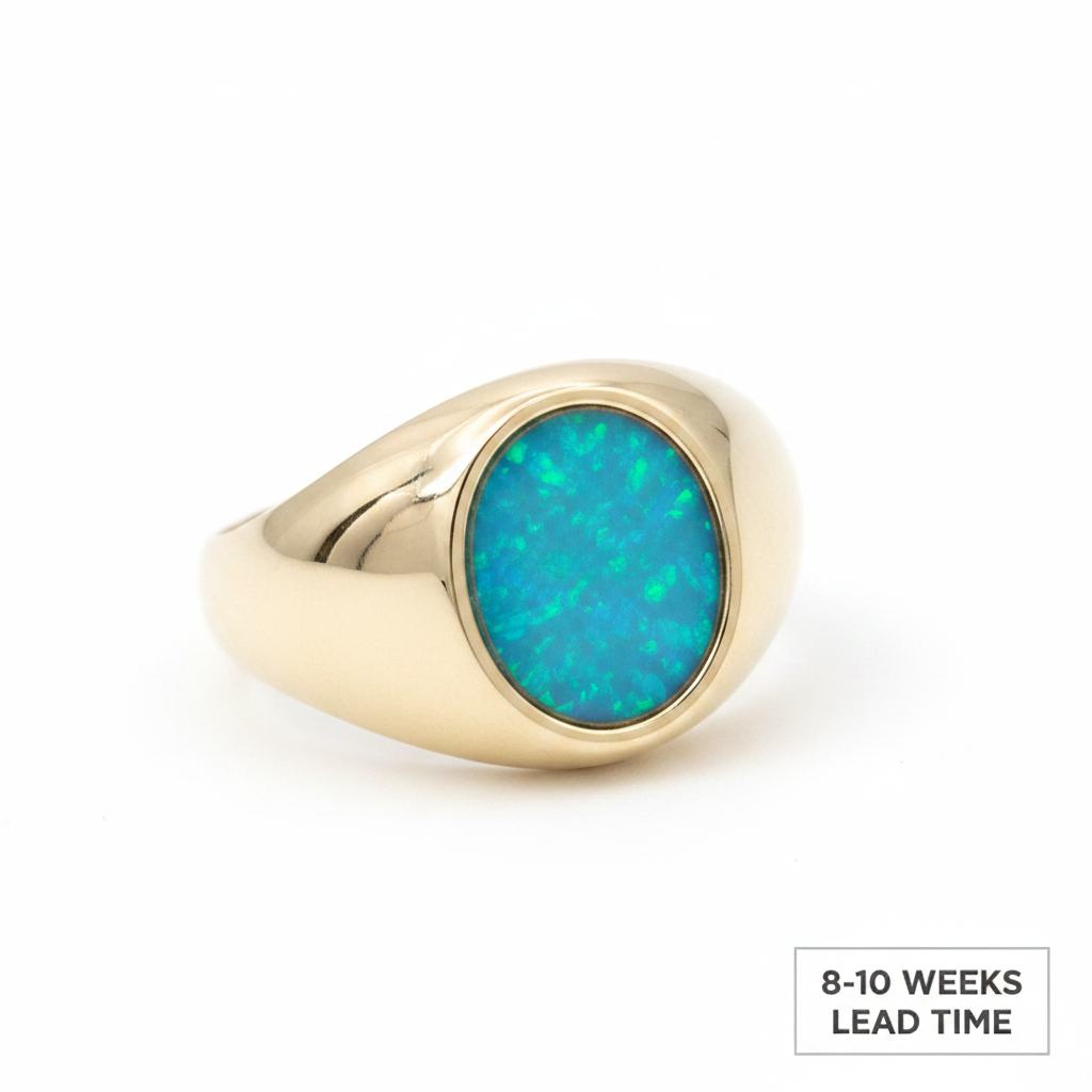 9ct gold men's oval signet ring with blue teal opal resin in oval bezel, white background, 8-10 weeks lead time