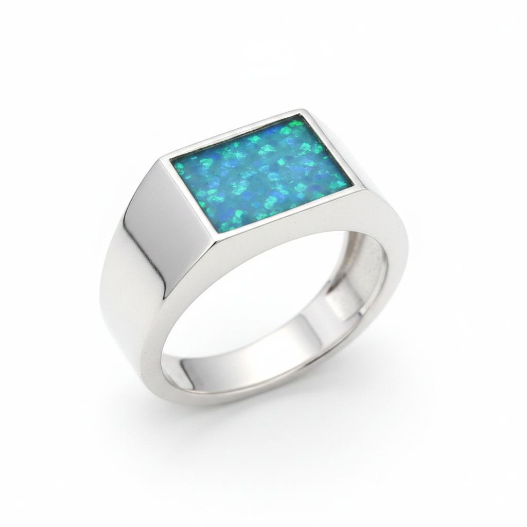 Gents Rectangular 925 Silver Signet Ring with blue teal opal resin — pure white background
