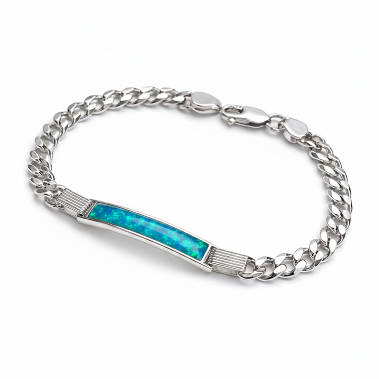 Gents silver curb chain ID bracelet with blue teal opal resin on ID bar plate, white background