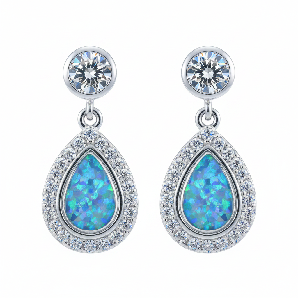 Silver 925 teardrop halo drop earrings - blue teal opal