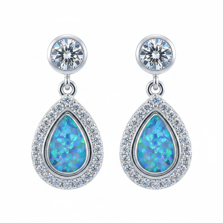 Silver 925 teardrop halo drop earrings - blue teal opal