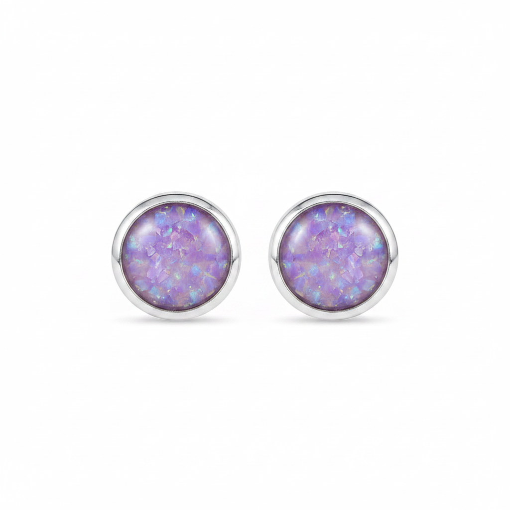 Silver 925 round bezel memorial stud earrings — lavender purple opal flakes resin in solid back setting