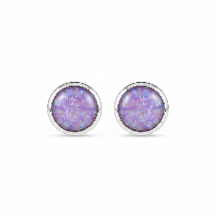 Silver 925 round bezel memorial stud earrings — lavender purple opal flakes resin in solid back setting