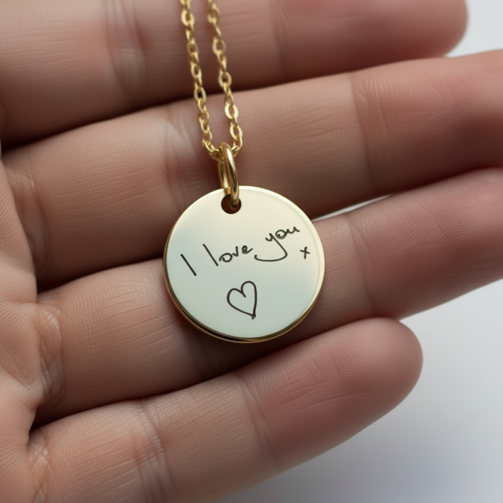 Gold disc pendant necklace with laser engraved handwriting I love you x and heart — Lovely Oxford solid gold laser engraved jewellery