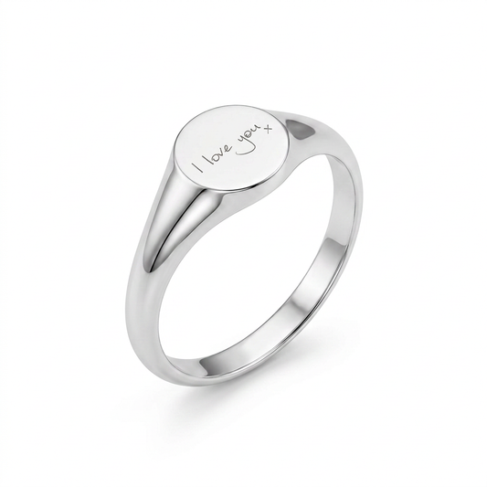 8mm round silver signet ring with illustrative I love you x handwriting engraving