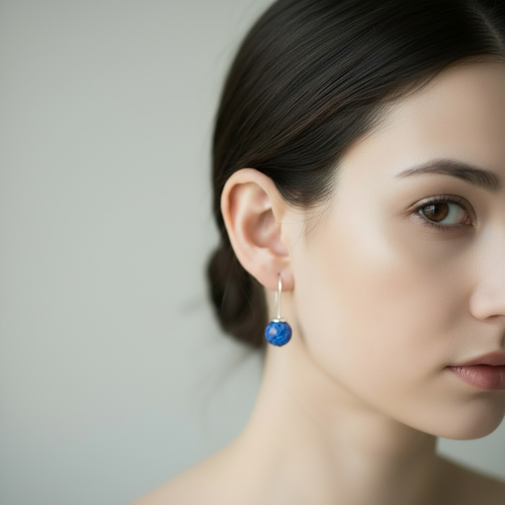 Close-up of a woman wearing blue spherical earrings against a neutral background