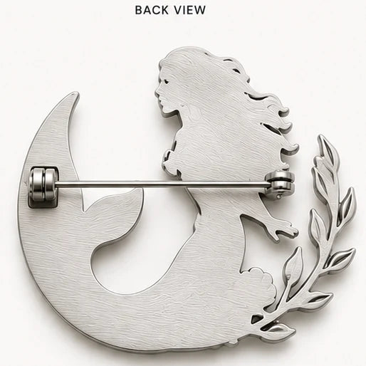 Back view of the mermaid memorial brooch showing the pin and clasp