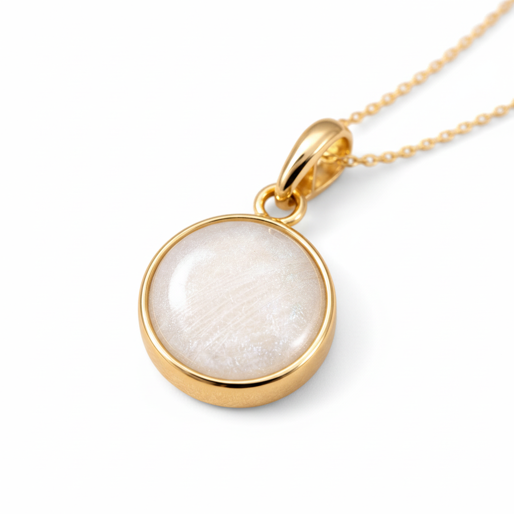Gold necklace with a round pendant on a light pink background