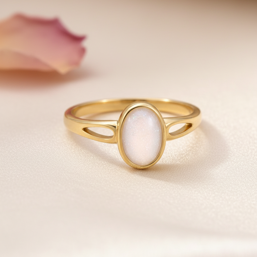 Gold ring with a white stone on a light pink background