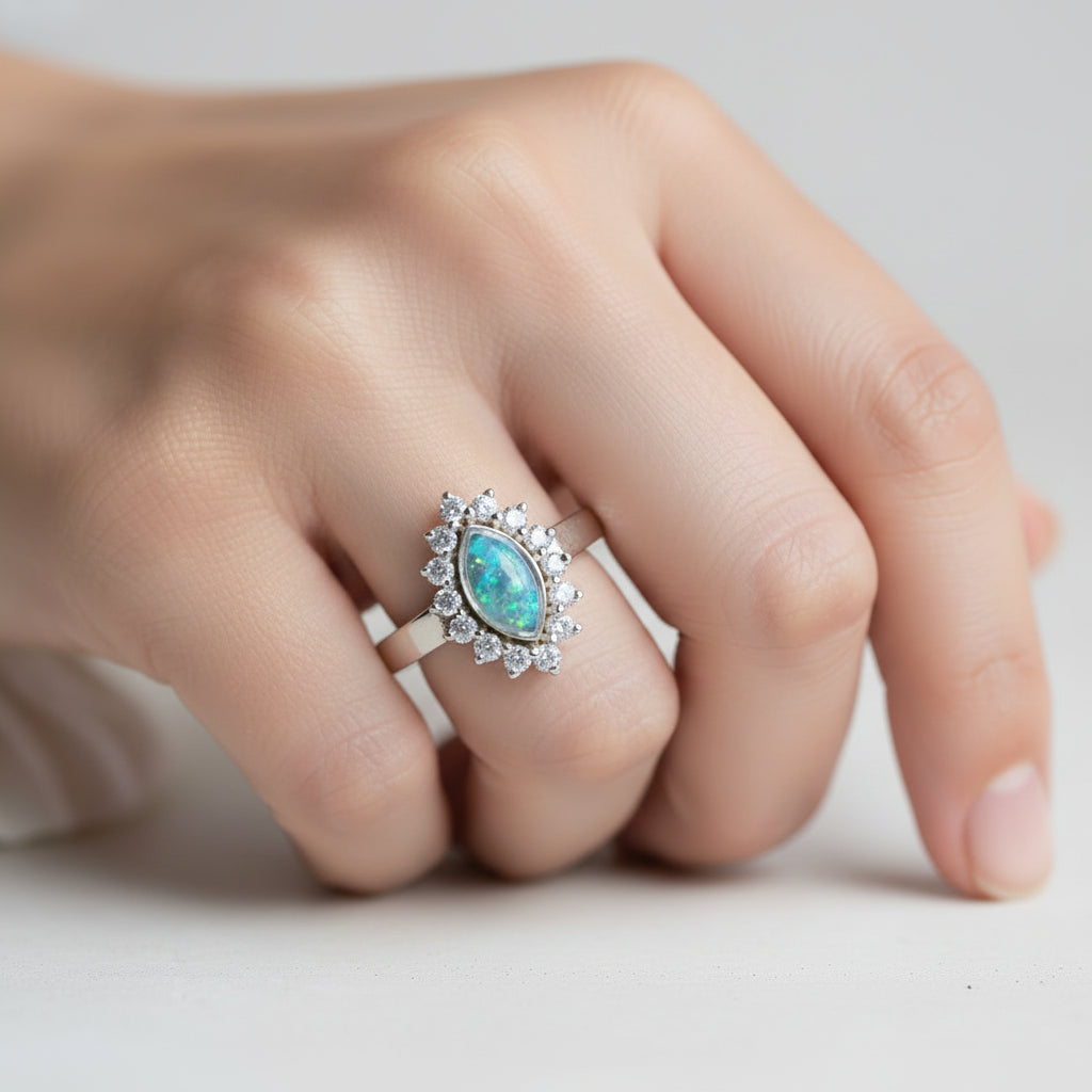 Sterling Silver Ring for Ashes Hair or Flowers - Marquise CZ Halo Opal UK