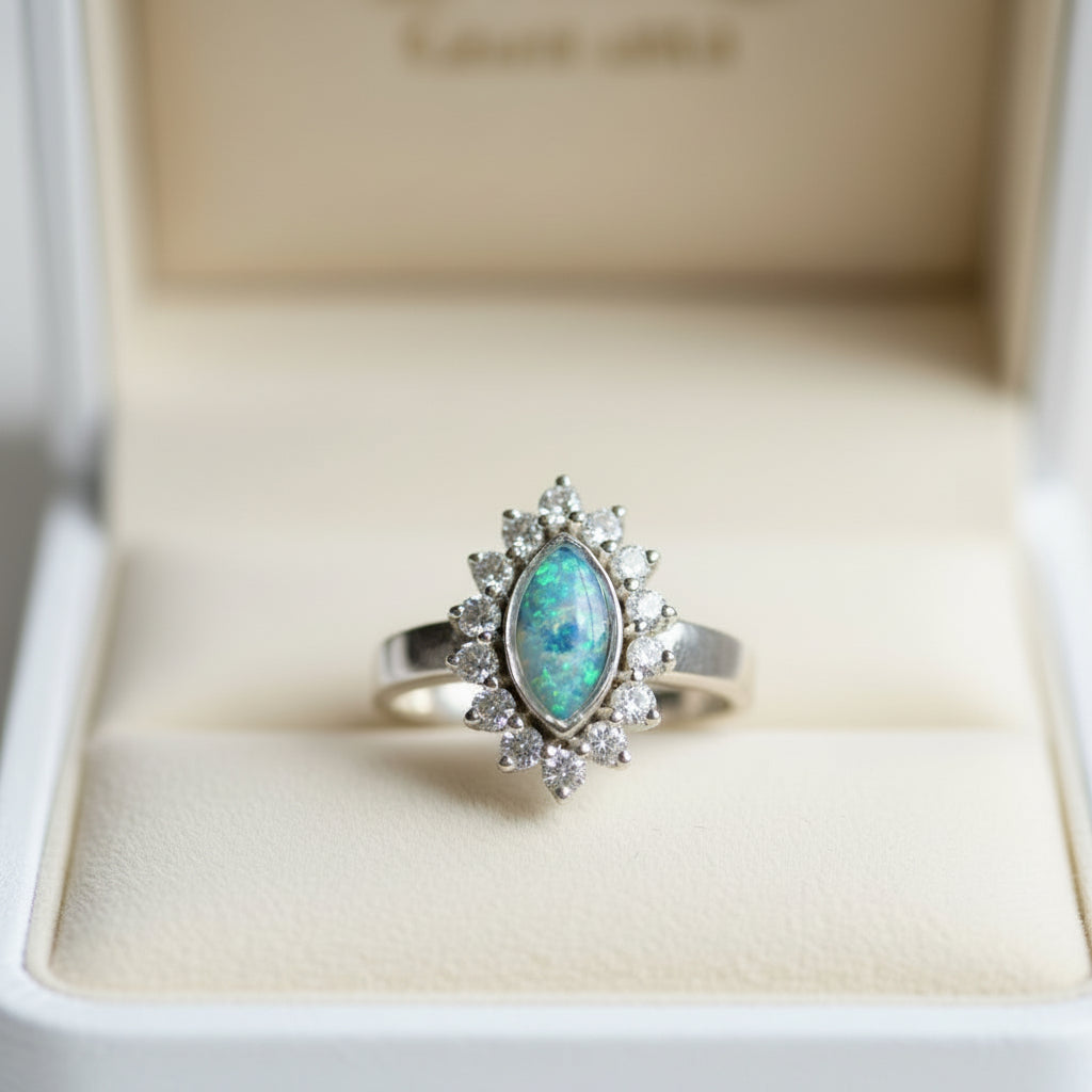 Sterling Silver Ring for Ashes Hair or Flowers - Marquise CZ Halo Opal UK