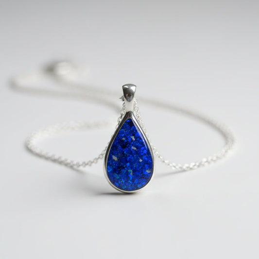 Memorial Teardrop Necklace for Ashes Hair or Flowers - Sterling Silver with Opal UK