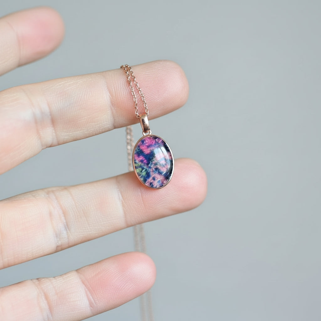 10x14mm Oval Memorial Pendant Necklace | Ashes Hair Fabric Opal | Sterling Silver Rose Gold Gold Plated