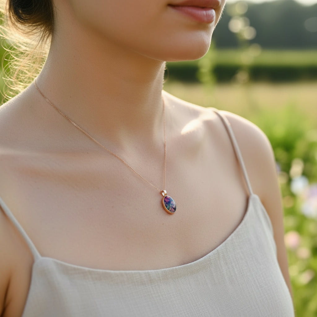 10x14mm Oval Memorial Pendant Necklace | Ashes Hair Fabric Opal | Sterling Silver Rose Gold Gold Plated
