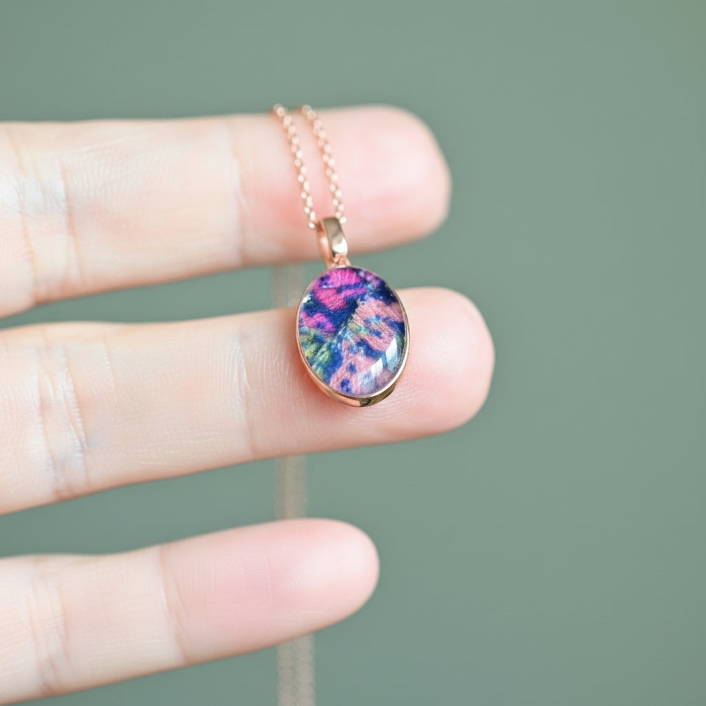 Hand holding a necklace with a colorful pendant against a blurred background