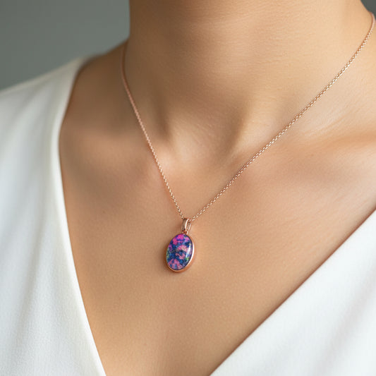 10x14mm Oval Memorial Pendant Necklace | Ashes Hair Fabric Opal | Sterling Silver Rose Gold Gold Plated