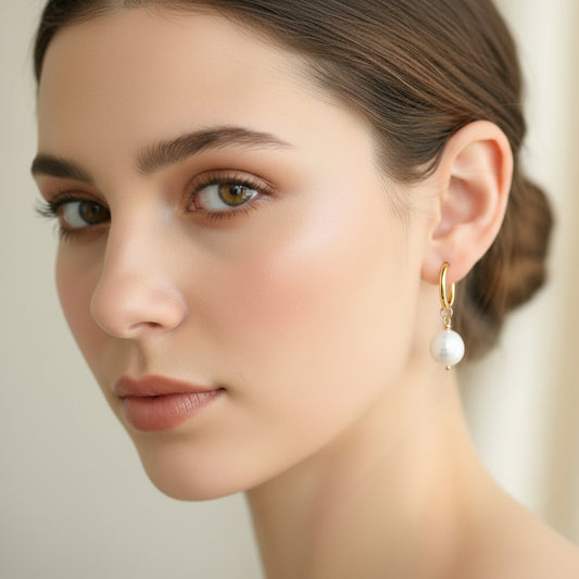 Close-up of a woman wearing pearl earrings with a neutral background