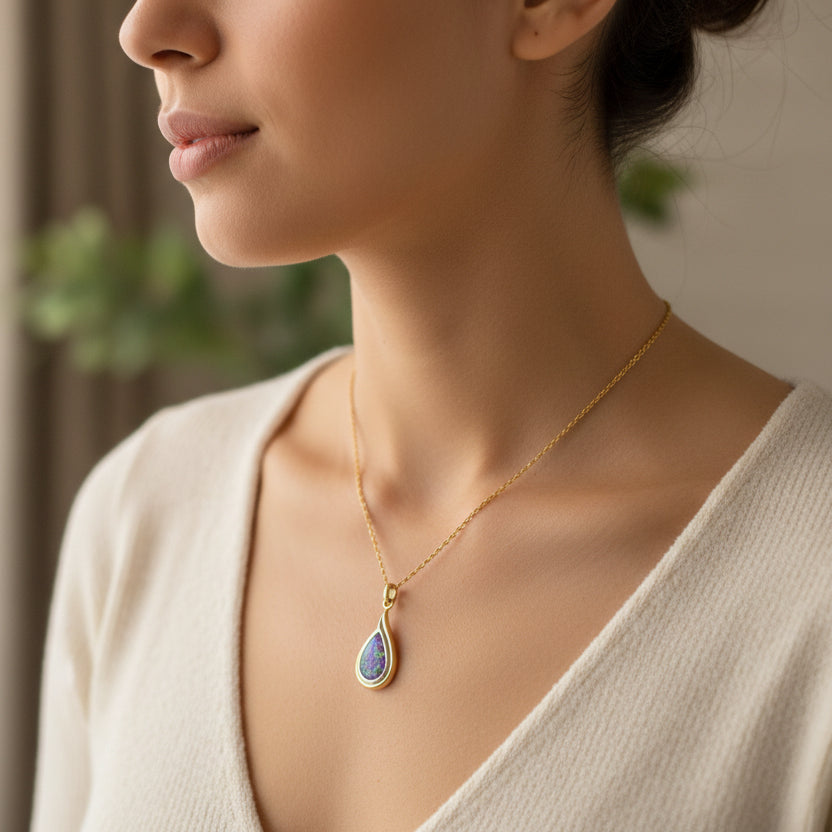 Gold necklace with a purple teardrop pendant on a white cushion