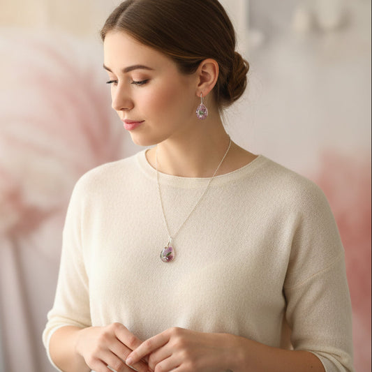 Woman wearing a necklace and earrings with a soft pink background