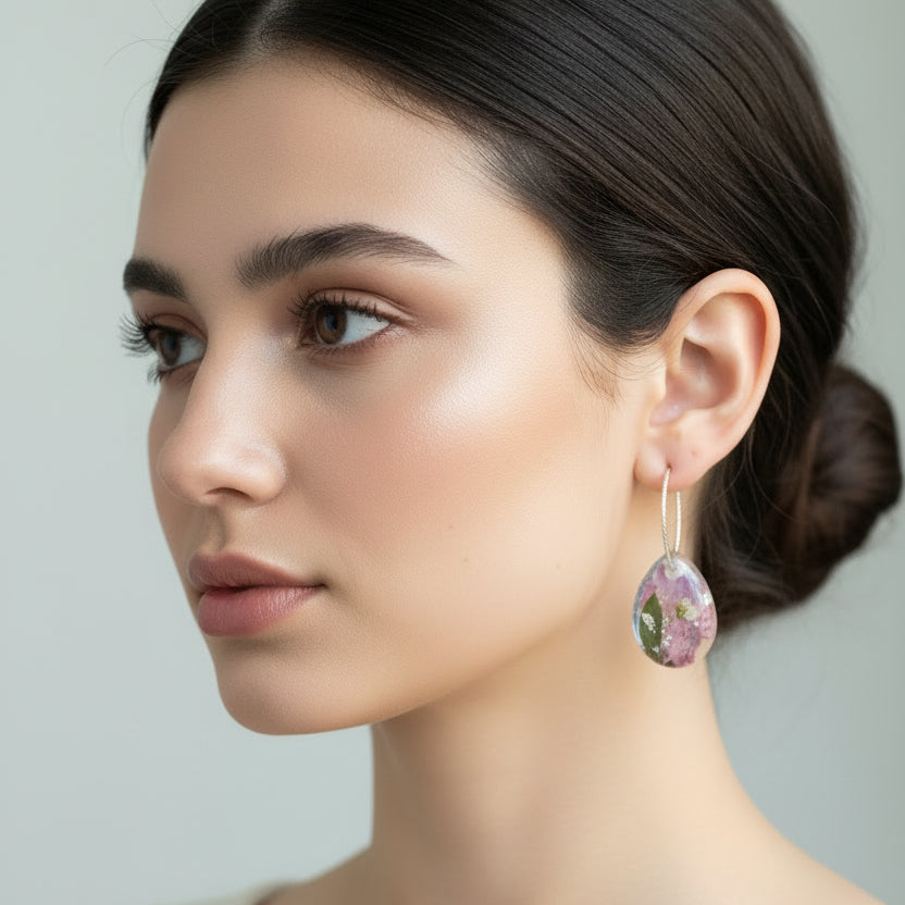Close-up of a woman wearing a colorful earring against a neutral background