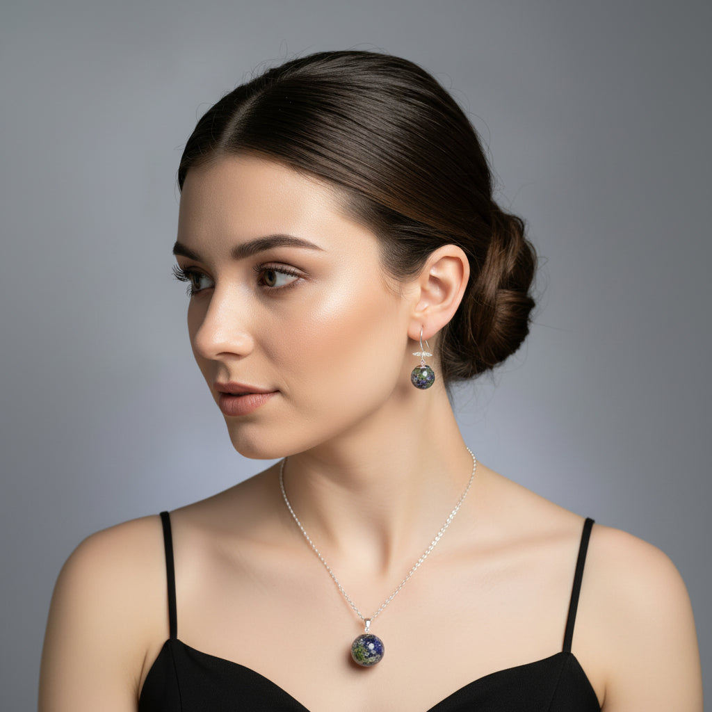Woman wearing a necklace and earrings against a gray background