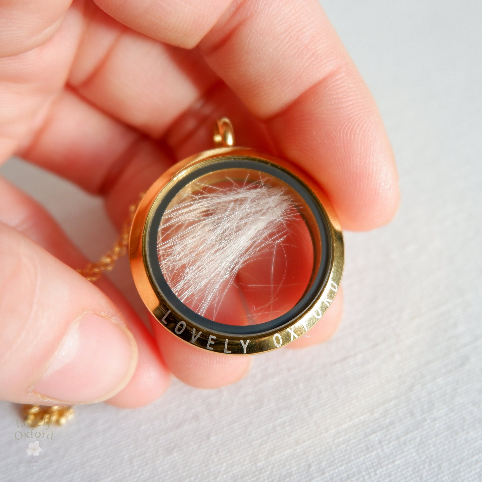 Gold locket with hair inside held by a hand on a light gray background