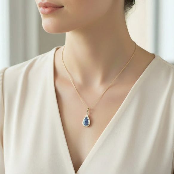 Curved Teardrop Memorial Pendant | 9ct Gold with Rhodium Accents