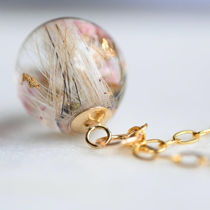 Resin memorial sphere necklace with pet fur and flowers