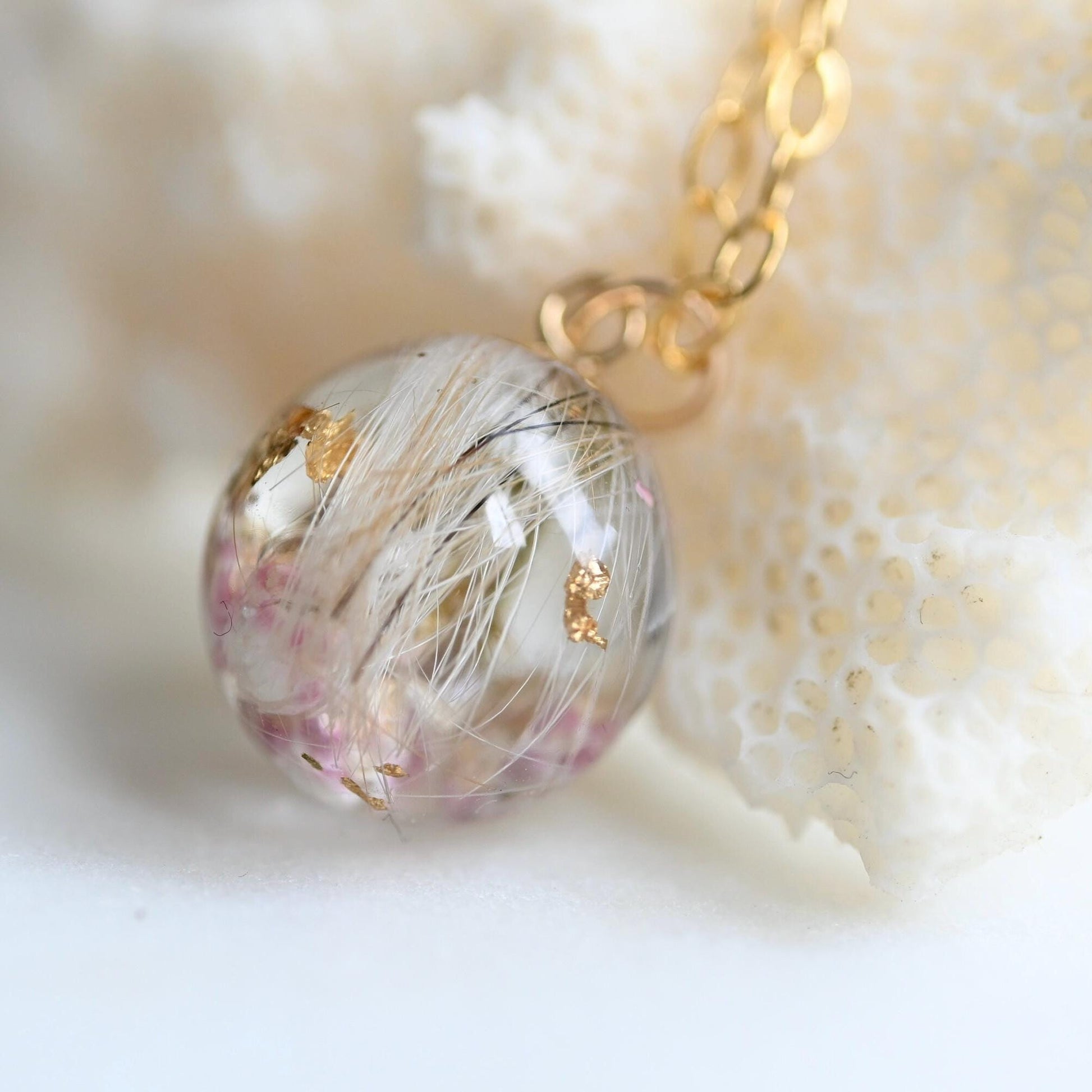 Rose gold memorial sphere necklace with pressed flowers